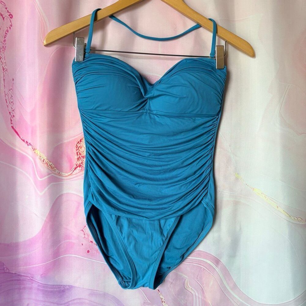 La Blanca 6 Blue One Piece Swimsuit Strapless Halter Retro Preppy Resortwear
